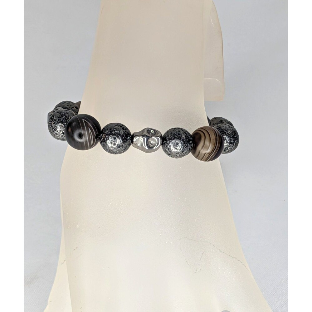 Hand-Crafted Genuine Lava & Brown Stone Bracelet with Skull - Unisex NEW